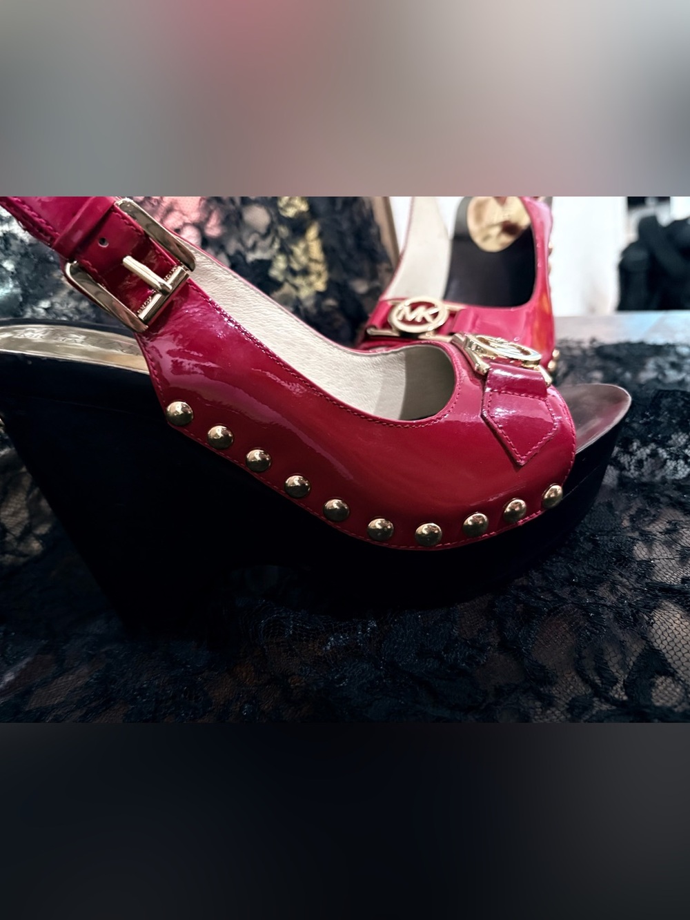 Size 5 Michael Kors Glossy Red  Patent MK Logo Slide Sandals